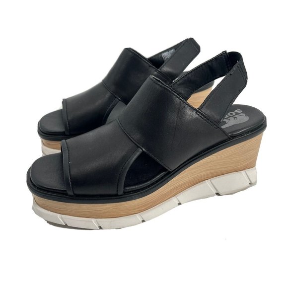 Sorel Shoes - Sorel Joanie III Slingback Wedge Sandals Black Leather Sz 7.5